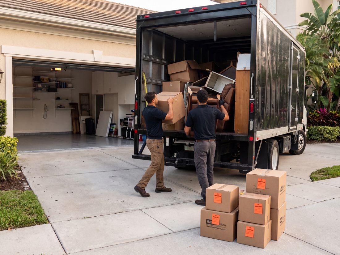 Crew loading junk and boxes into the Sort Squad truck in the driveway