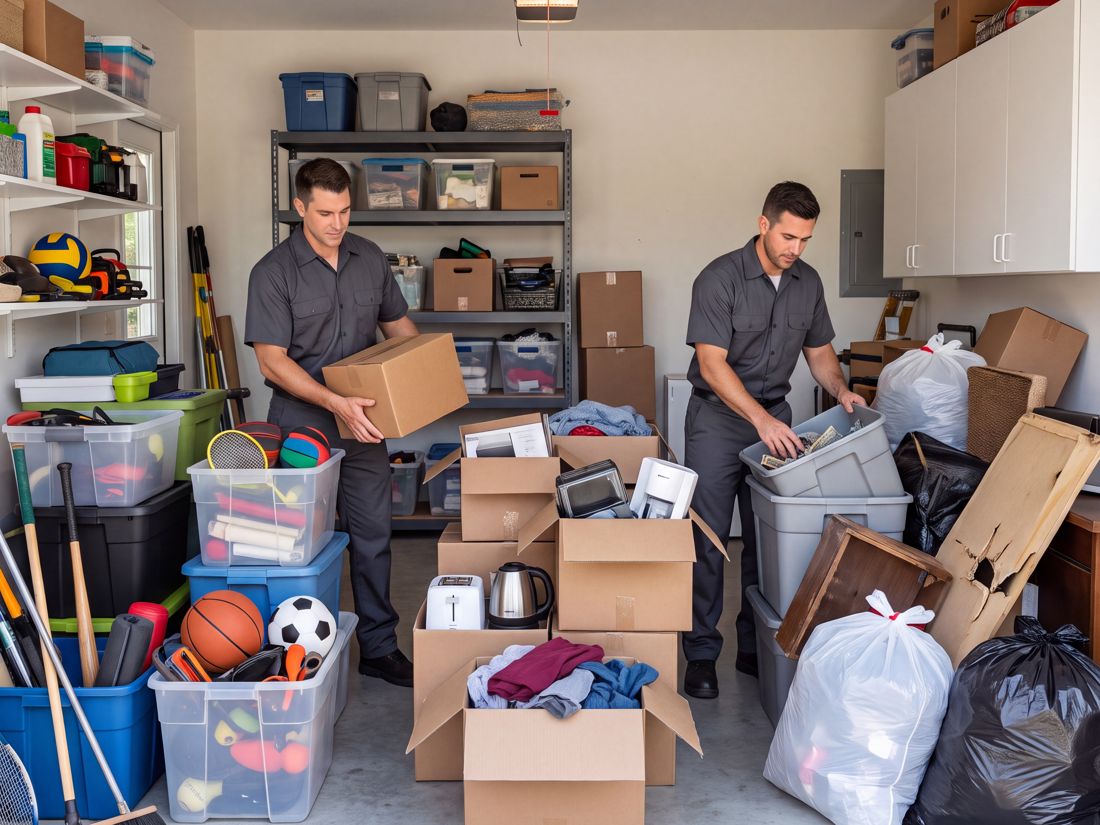 Two Sort Squad pros sorting garage items into keep, donate and gone piles
